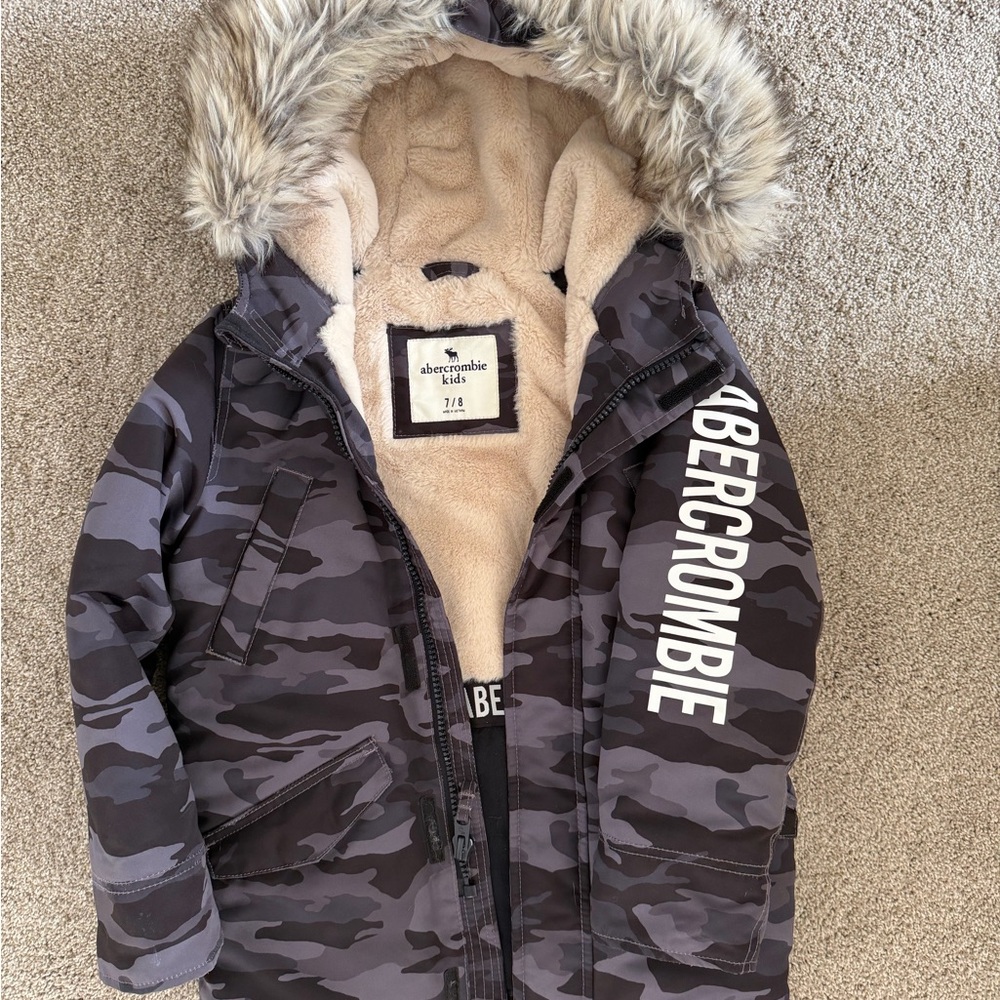 Abercrombie Kids Gray Camo Jacket with Faux Fur Hood